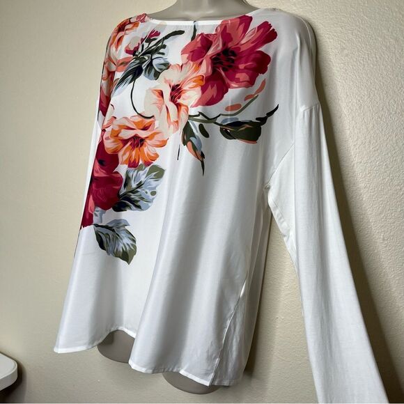 Chicos Floral Front Knit Woven Tee Boat Neck Ivory Ecru Long Sleeve Women Large - Picture 5 of 14